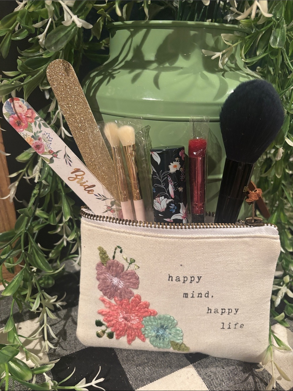 Happy Mind Embroidered Cosmetic Pouch with items included